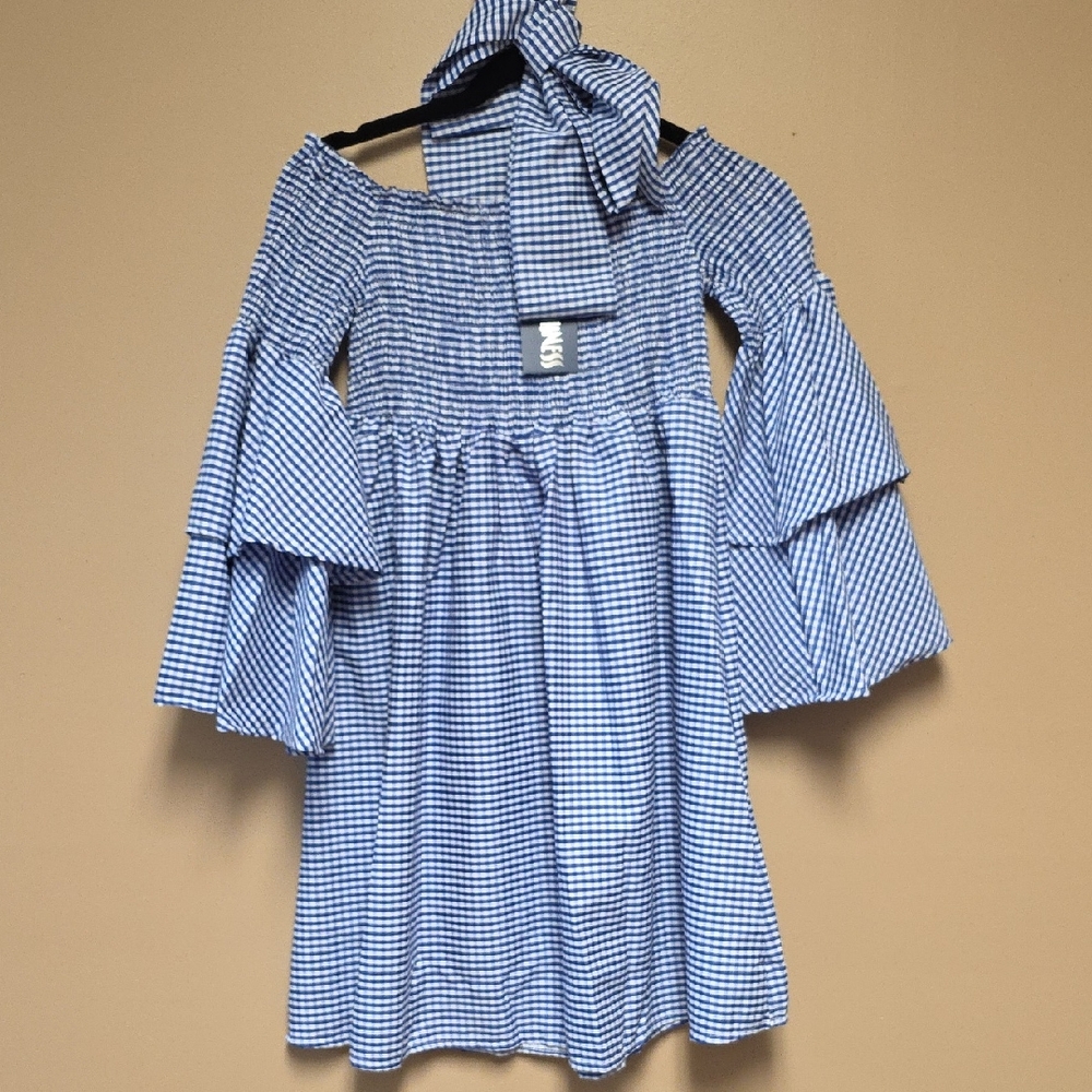 Blue Gingham Off-Shoulder Mini Dress